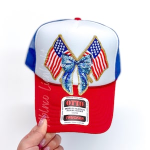 American Flag Trucker Hat: Sequin Bow Patch, USA 4th July Hat
