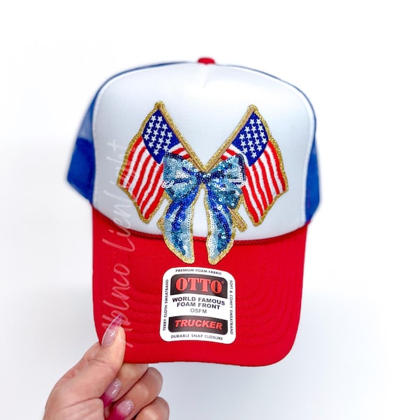 American Flag Trucker Hat: Sequin Bow Patch, USA 4th July Hat