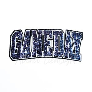 May include: A navy blue sequined "GAMEDAY" patch with a white outline. The letters are filled with small, shiny sequins. The patch is on a white background.