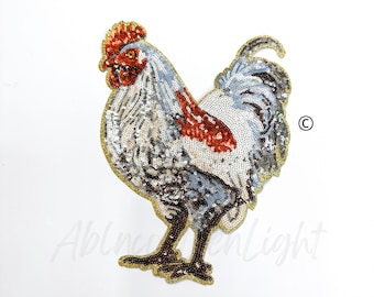 Large Chicken Sequin Iron On Patch - Farm Animal Applique (10.5'')
