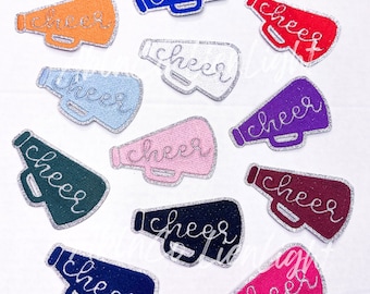 Silver glitter cheer patch, cheer iron on patch, cheer megaphone patch, game day patch, trucker hat patches, preppy patch, patch for jacket
