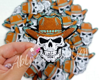 Cowboy Skeleton Iron On Patch: Turquoise Rodeo Western Hat