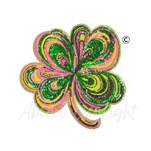 May include: A large, sequined shamrock in shades of green, pink, and yellow, with a gold glitter border. The cloverleaf design is detailed with swirling patterns and a stem. The image is set against a white background.