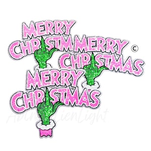 May include: A humorous Christmas design with the words "MERRY CHRISTMAS" in pink, outlined in silver, and featuring green hands giving the middle finger. The design is on a white background.