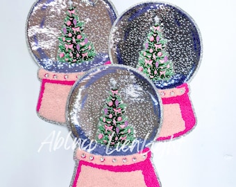 Snow Globe Chenille Patch: Christmas Tree Sequin Iron-On Patch