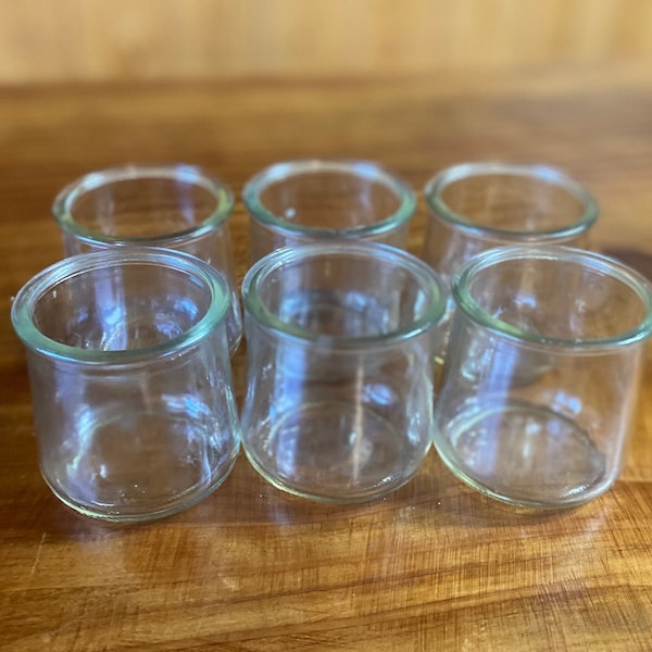 Oui yogurt jars/ Clean glass jars/5 ounce Glass Jars/Oui jars with wooden lids/Frosted Glass Jars