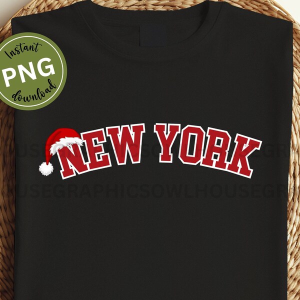 New York Santa Hat Png, Varsity Christmas Graphic, Holiday College Letter T-Shirt Design, New York Christmas Png