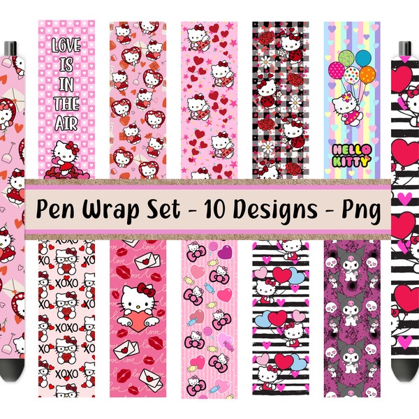 Kitty Pink Aesthetic Valentine Pen Wrap Png Set, Ink Joy Pen Designs, Cute Cat Pen Wrap Bundle, Kitty Sublimation Design