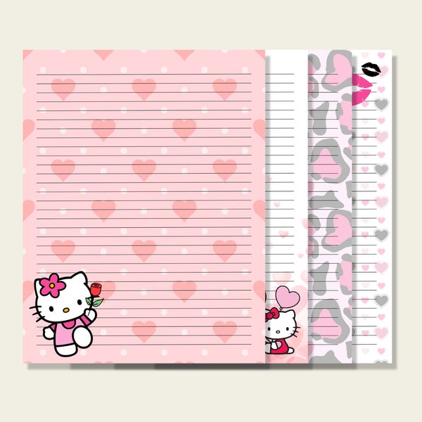 Printable Kitty Valentine Stationary Paper PNG PDF Bundle, Trendy Kitty Notepad Digital Paper for Letter Writing, Lined Journaling Paper