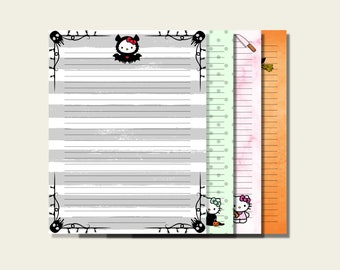 Printable Kitty Halloween Stationary Paper PNG PDF Bundle, Trendy Kitty Notepad Digital Paper for Letter Writing, Lined Journaling Paper