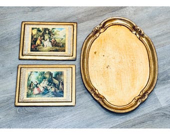 Lot Vintage Italian Florentine Gold Gilt Wood Vanity Tray, 2 Florentine Prints
