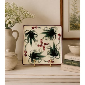 Gail Pittman 1992 Signed Square Decorative Plate Hand Painted Floral Art Pottery