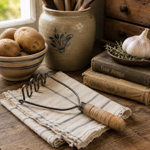 Puede incluir: Un pasapurés vintage con mango de madera desgastada y cabezal de alambre metálico oscuro, apoyado sobre un paño de lino a rayas beige y azul. La herramienta presenta un diseño de alambre ondulado y muestra signos de uso en el mango.