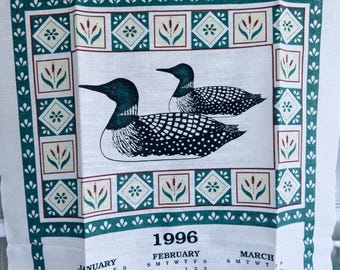Toalla de lino con calendario Stevens Vintage 1996, diseño de colimbos y pájaros para colgar en la pared, hecha en EE. UU.