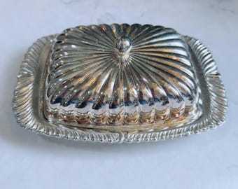 Vintage Silver Plated Gadroon Butter Dish with Glass Liner Fluted Dome Lid Good