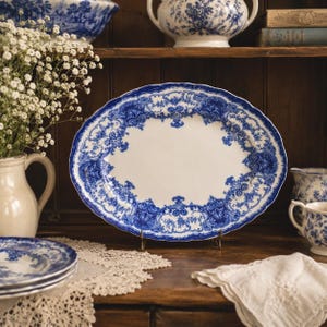 Antique Flow Blue Oval Serving Platter John Maddock Dainty 16 3/4" Transferware