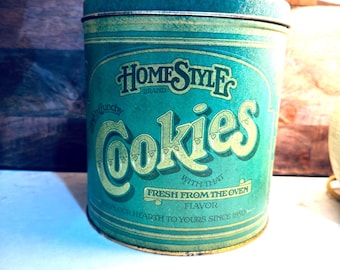 Lata de galletas vintage de la marca HomeStyle, bote de cocina metálico retro de color verde azulado de 8 pulgadas.