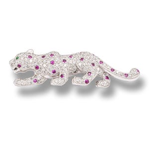 Vintage 18k White Gold Panther Brooch 2.50 CTS Pave Diamonds + Pink Sapphires