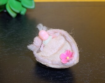Vintage Teeny Tiny Baby in a Walnut Shell with Pink Flower