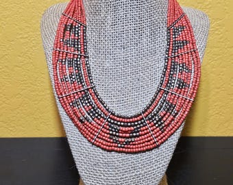 Vintage Coral Colored Beaded Handmade Native Necklace