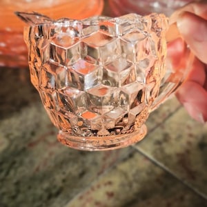 Vintage Jeannette Pink Depression Glass Creamer, Cube Pattern, Diamond Cut, Art Deco Style, 1930s