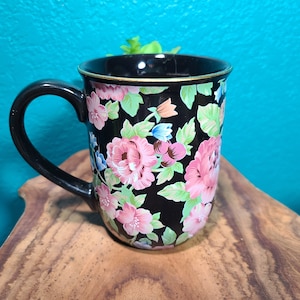 Vintage 1980s Otagiri Japan Black and Pink Floral Mug