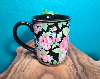 Vintage Otagiri Japan Floral Mug, Black and Pink, Tavistock Garden