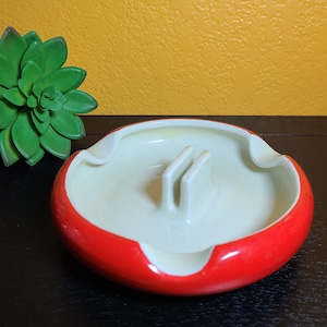 Vintage Hall China Ashtray with Matchbook Holder in Chinese Red c1970s