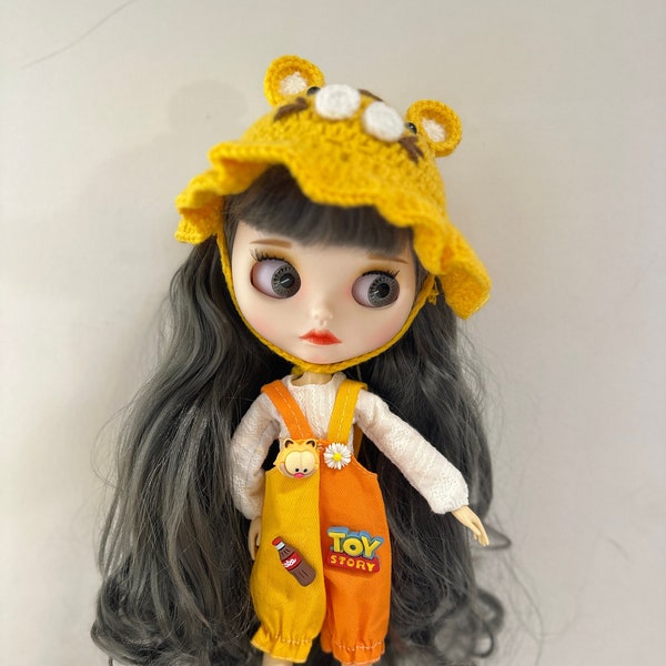 Blythe Doll Three-piece Set Outfit, Orange Garfield Custom For Blythe, Blythe Funny Clothes， Blythe Cute Clothes, Blythe Crochet Hat