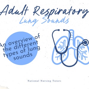 May include: Illustration of a stethoscope over a pair of blue lungs with the text "Adult Respiratory Lung Sounds" and "An overview of the different types of lung sounds". The text "National Nursing Tutors" is at the bottom of the image.