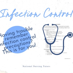 Puede incluir: Un círculo azul con el texto "Having trouble remember infection control precautions? This is for you!" Un estetoscopio azul sobre un fondo blanco. El texto "Infection Control" está escrito en cursiva azul en la parte superior de la imagen. El texto "National Nursing Tutors" está escrito en negro en la parte inferior de la imagen.