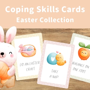 Easter coping skills cards printable for kids, cute pastel calm down cards for teens, watercolor illustration, self-regulation