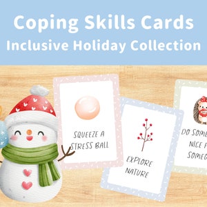 Coping skills cards for kids holiday collection, cute pastel watercolor, fun winter mindfulness activities, Christmas calm down corner