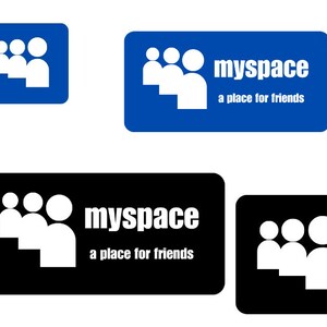 May include: A blue and black logo for the social media website Myspace. The logo features a stylized group of three people and the text "myspace" with the tagline "a place for friends".
