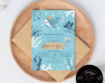 Baby Shark Baby shower invitation/ Ocean baby shower invitation/ Ocean birthday party invitation/ Shark Birthday Invite/ Royal shark invite