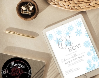 May include: A blue and white baby shower invitation with snowflakes and the text "Oh Boy!"  Please join us for Iliana Villaneuva's Baby Shower. March 13, 2024 - 12:00 pm. 123 Anywhere St. Any City. RSVP to Mia before 25th January. Phone +123-456-7890.