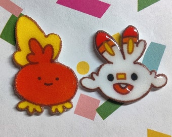 Torchic & Scorbunny Handmade Pin: Fire Type Starter Fan Art