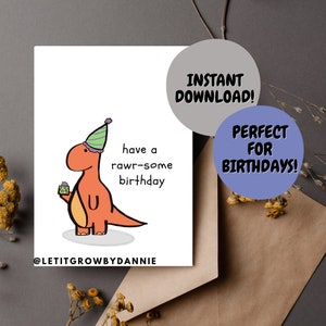 Printable Dinosaur Birthday Card, Birthday Card Funny, Digital Birthday Card, Easy 5x7 Greeting Card, Fun Card, Dinosaur, Printable Envelope