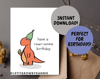 Afdrukbare verjaardagskaart dinosaurus: grappige 5 x 7 groet (digitale download)