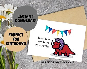 Verjaardagskaart grappige dinosaurus: afdrukbare wenskaart van 5 x 7 (digitale download)