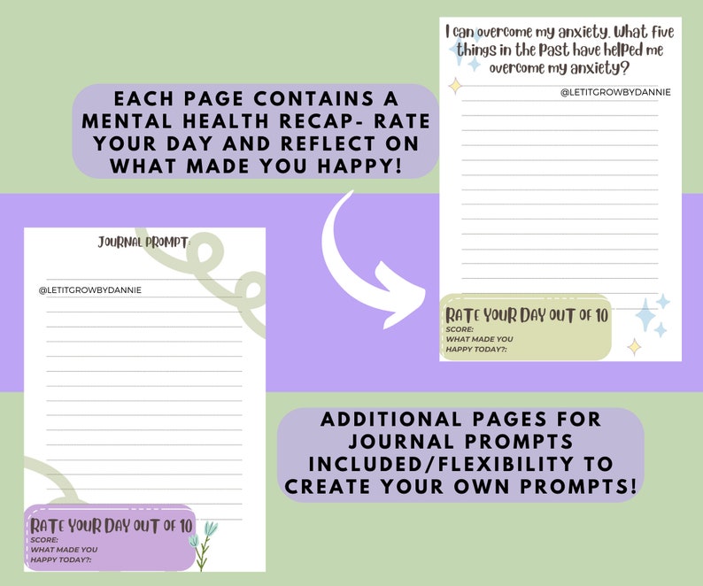 May include: Two printable journal pages with a light green and light blue color scheme. The top page has the text 'I can overcome my anxiety. What five things in the past have helped me overcome my anxiety?' and the bottom page has the text 'Journal Prompt'. Both pages have the text 'Rate your day out of 10' and a section to write the score, what made you happy today, and a space for journaling. Bottom has 'Additional pages for journal prompts included/flexibility to create your own prompts!'.