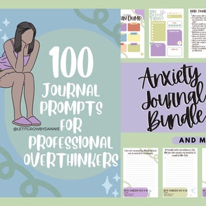 Puede incluir: Una ilustración digital de una persona sentada con la cabeza en las manos. La imagen está rodeada de un fondo verde claro y morado con estrellas y remolinos. El texto "100 Journal Prompts for Professional Overthinkers" está en letras grandes y negritas. El texto "Anxiety Journal Bundle and More!" está en letras grandes y negritas. La imagen incluye tres páginas de diario con indicaciones para la escritura de diarios sobre la ansiedad.