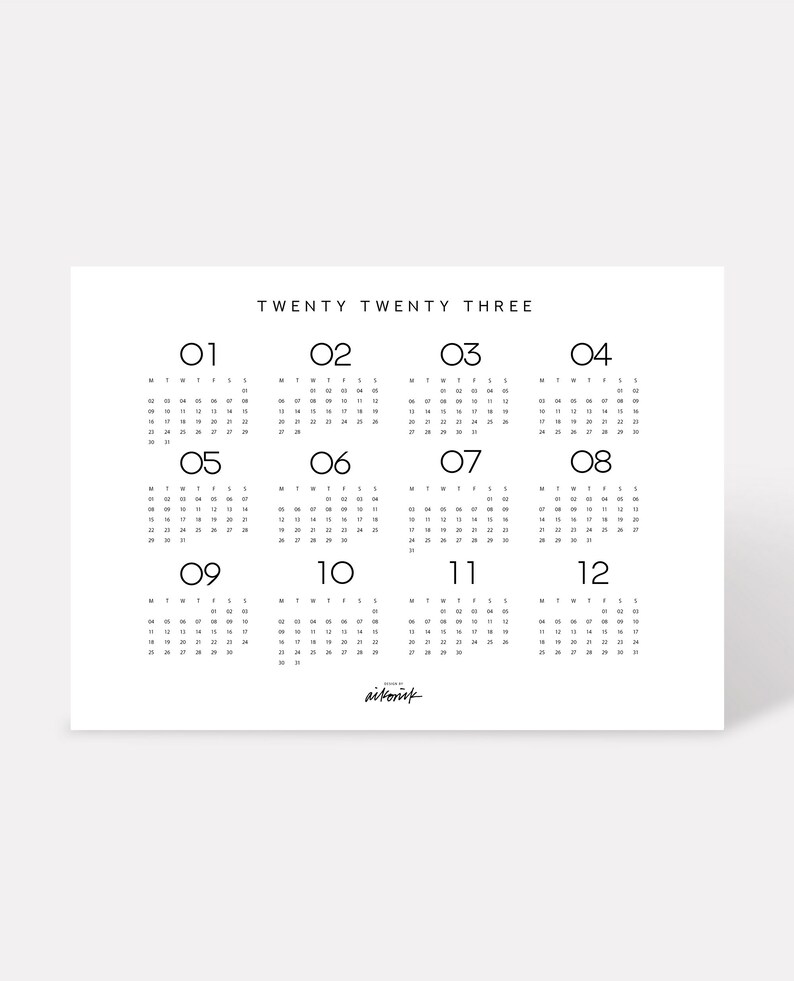 2023 Yearly Landscape Calendar Printable, Planner, Month at a Glance, Stationery, Instant