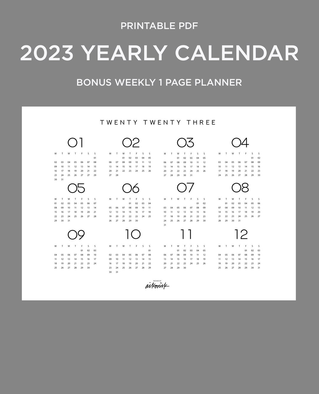 2023 Yearly Landscape Calendar Printable Planner Month At A Glance