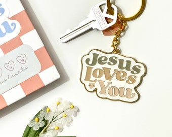 Jesus Loves You Keychain, Trendy Christian Gift, Enamel Keyring