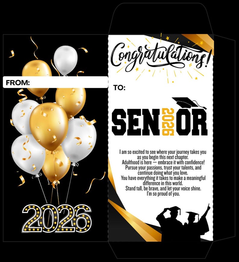 Graduation Money Envelope, Black and Gold Elegant, Class of 2026 ...