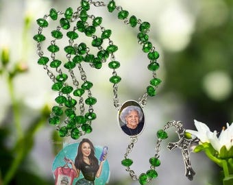 Green Rosary Necklace with Picture | Custom Rosary| Personalized Rosary with Picture| Memorial Gift| Personalized Keepsake