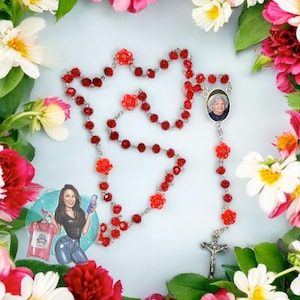 Red Rose Rosary Necklace with Picture | Custom Rosary| Personalized Rosary with Picture| Memorial Gift| Personalized Keepsake