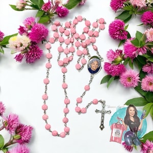 Pink Rose Rosary Necklace with Picture | Custom Rosary| Personalized Rosary with Picture| Memorial Gift| Personalized Keepsake