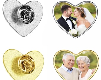Custom Photo Heart Lapel Pin Brooch, Memorial Gift, Memorial Keepsake Photo Gift, Funeral Pin, Wedding Pin, Company Pin